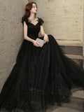 Black Tulle Beaded Long Prom Dress, Short Sleeve Evening Party Dress HZ0429