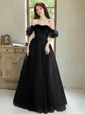 Black Off the Shoulder Velvet and Tulle Long Prom Dress, A-Line Black Evening Dress HZ0429