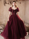 Burgundy Shiny Tulle Floor Length Prom Dress, Pretty A-Line Short Sleeve Party Dress HZ0429