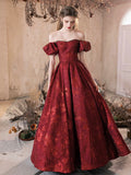 Elegant Burgundy Printing Floor Length Party Dress, A-Line Off the Shoulder Short Sleeve Prom Dress HZ0429
