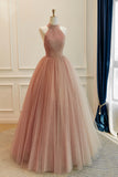 Blush Pink Halter Prom Dress Glitter Tulle A-Line Evening Gown HZ0429
