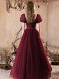 Burgundy Shiny Tulle Floor Length Prom Dress, Pretty A-Line Short Sleeve Party Dress HZ0429