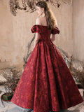Elegant Burgundy Printing Floor Length Party Dress, A-Line Off the Shoulder Short Sleeve Prom Dress HZ0429