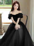 Black Off the Shoulder Velvet and Tulle Long Prom Dress, A-Line Black Evening Dress HZ0429