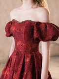Elegant Burgundy Printing Floor Length Party Dress, A-Line Off the Shoulder Short Sleeve Prom Dress HZ0429
