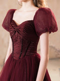 Burgundy Shiny Tulle Floor Length Prom Dress, Pretty A-Line Short Sleeve Party Dress HZ0429