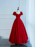 Dark Red Satin Long Prom Dress, A-Line Short Sleeve Evening Party Dress HZ0429