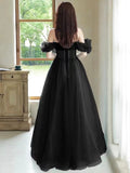 Black Off the Shoulder Velvet and Tulle Long Prom Dress, A-Line Black Evening Dress HZ0429