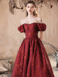 Elegant Burgundy Printing Floor Length Party Dress, A-Line Off the Shoulder Short Sleeve Prom Dress HZ0429