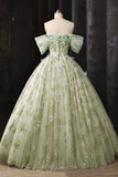 Floral Embroidered Sage Green Tulle Ball Gown Off Shoulder Evening Gown HZ0429
