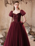 Burgundy Shiny Tulle Floor Length Prom Dress, Pretty A-Line Short Sleeve Party Dress HZ0429
