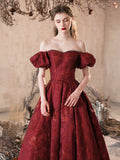 Elegant Burgundy Printing Floor Length Party Dress, A-Line Off the Shoulder Short Sleeve Prom Dress HZ0429