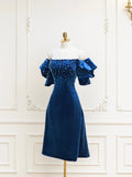Blue Velvet A-Line Short Prom Dress with Pearls, Off the Shoulder Evening Party Dress HZ0429