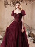 Burgundy Shiny Tulle Floor Length Prom Dress, Pretty A-Line Short Sleeve Party Dress HZ0429