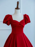 Dark Red Satin Long Prom Dress, A-Line Short Sleeve Evening Party Dress HZ0429