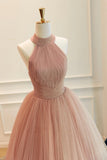 Blush Pink Halter Prom Dress Glitter Tulle A-Line Evening Gown HZ0429