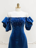 Blue Velvet A-Line Short Prom Dress with Pearls, Off the Shoulder Evening Party Dress HZ0429
