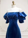 Blue Velvet A-Line Short Prom Dress with Pearls, Off the Shoulder Evening Party Dress HZ0429