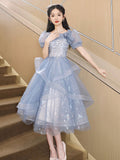 Blue Tulle Knee Length with Lace Party Dress, Blue Short Sleeve Homecoming Dress HZ0429