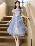 Blue Tulle Knee Length with Lace Party Dress, Blue Short Sleeve Homecoming Dress HZ0429
