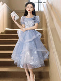 Blue Tulle Knee Length with Lace Party Dress, Blue Short Sleeve Homecoming Dress HZ0429
