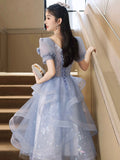 Blue Tulle Knee Length with Lace Party Dress, Blue Short Sleeve Homecoming Dress HZ0429