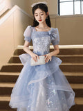 Blue Tulle Knee Length with Lace Party Dress, Blue Short Sleeve Homecoming Dress HZ0429