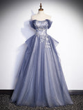 Charming Tulle Sequins A-Line Prom Dresses, Off the Shoulder Floor-Length Formal Dresses HZ0429