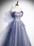Charming Tulle Sequins A-Line Prom Dresses, Off the Shoulder Floor-Length Formal Dresses HZ0429