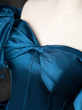 Blue Satin Off the Shoulder Floor Length Prom Dress, Blue A-Line Party Dress HZ0429