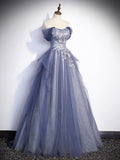 Charming Tulle Sequins A-Line Prom Dresses, Off the Shoulder Floor-Length Formal Dresses HZ0429