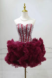 Burgundy Tulle Short Prom Dress Strapless Rhinestone Corset Party Gown HZ0429