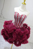 Burgundy Tulle Short Prom Dress Strapless Rhinestone Corset Party Gown HZ0429