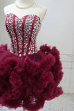 Burgundy Tulle Short Prom Dress Strapless Rhinestone Corset Party Gown HZ0429