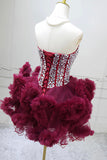 Burgundy Tulle Short Prom Dress Strapless Rhinestone Corset Party Gown HZ0429