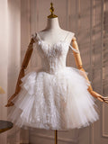 White Spaghetti Strap Tulle Beaded Short Prom Dress, Cute A-Line Party Dress HZ0429