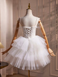 White Spaghetti Strap Tulle Beaded Short Prom Dress, Cute A-Line Party Dress HZ0429