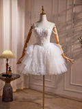 White Spaghetti Strap Tulle Beaded Short Prom Dress, Cute A-Line Party Dress HZ0429