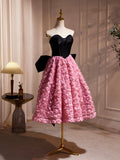Black Satin and Pink Ruffle Flower Short Prom Dress, Lovely A-Line Strapless Bow Party Dress HZ0429