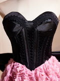 Black Satin and Pink Ruffle Flower Short Prom Dress, Lovely A-Line Strapless Bow Party Dress HZ0429