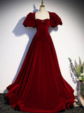 Burgundy Velvet Floor Length Prom Dress, Beautiful Open Back Evening Dress with Pearls HZ0429