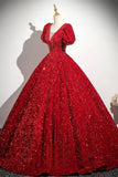 Red V-Neck Sequins Long Prom Dress, Red Short Sleeve Party Dress HZ0429