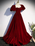 Burgundy Velvet Floor Length Prom Dress, Beautiful Open Back Evening Dress with Pearls HZ0429