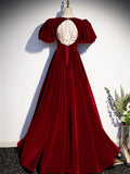 Burgundy Velvet Floor Length Prom Dress, Beautiful Open Back Evening Dress with Pearls HZ0429