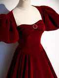 Burgundy Velvet Floor Length Prom Dress, Beautiful Open Back Evening Dress with Pearls HZ0429
