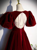 Burgundy Velvet Floor Length Prom Dress, Beautiful Open Back Evening Dress with Pearls HZ0429