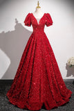Red V-Neck Sequins Long Prom Dress, Red Short Sleeve Party Dress HZ0429