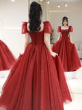 Wine Red Tulle A-line Beaded Long Formal Dress, Beautiful A-Line Short Sleeve Evening Prom Dress HZ0429