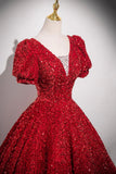 Red V-Neck Sequins Long Prom Dress, Red Short Sleeve Party Dress HZ0429
