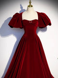Burgundy Velvet Floor Length Prom Dress, Beautiful Open Back Evening Dress with Pearls HZ0429